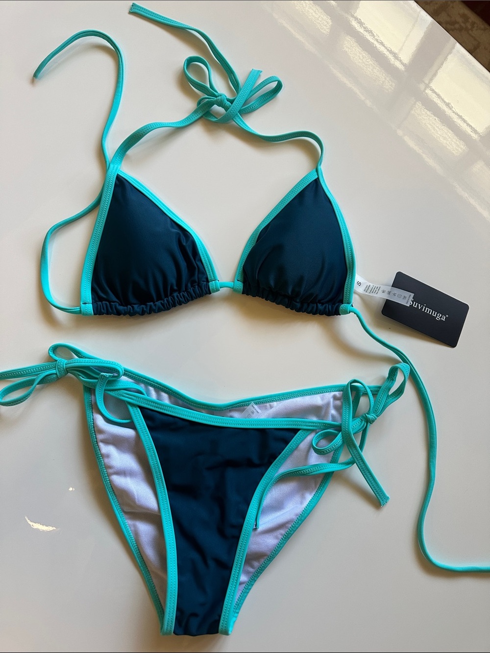 Women’s Triangle Bikini in Teal Trim and Navy